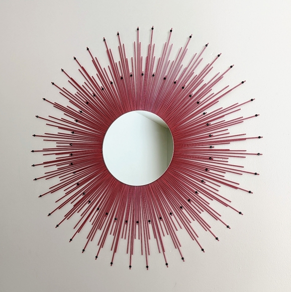 Large 35" Red Sunburst Mirror with Black Gems Decorative Wall Mirror - Picture 2 of 7